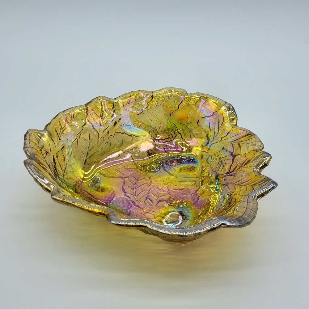 Indiana loganberry carnival glass iridescent amber candy/nut dish